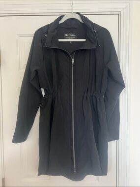 Athleta Black Hooded Trench Coat with Drawstring Waist